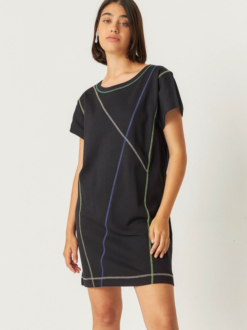 Black Shift Mini Dress with Colored Stitching